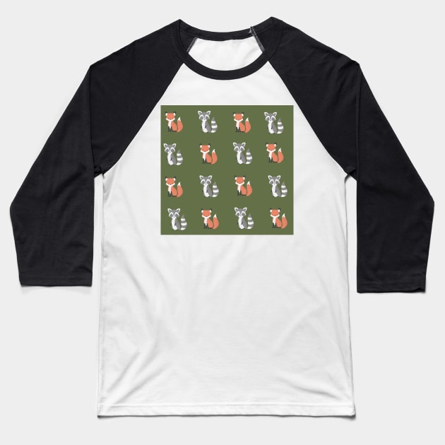 Green Raccoon and fox print pattern Baseball T-Shirt by LukjanovArt